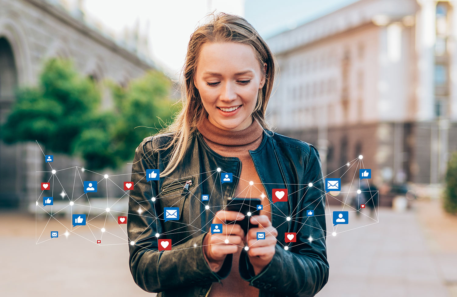 Woman looking at cellphone with graphic of networked hearts and likes transposed over the image